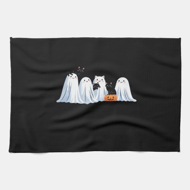 Cute Ghosts and Black Cats Halloween � Spooky Seas Kitchen Towel (Horizontal)