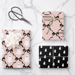 Cute Ghosts and Coquette Bows Halloween Wrapping Paper Sheet