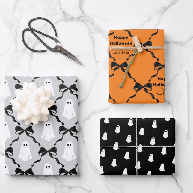 Cute Ghosts and Coquette Bows Halloween Wrapping Paper Sheet (Front)