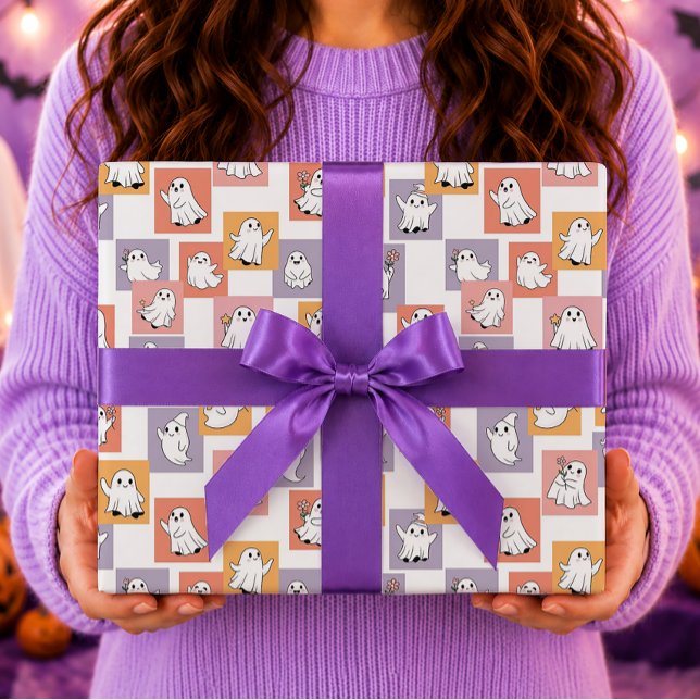 Cute Ghosts Colourful Blocks Halloween Wrapping Paper (Creator Uploaded)