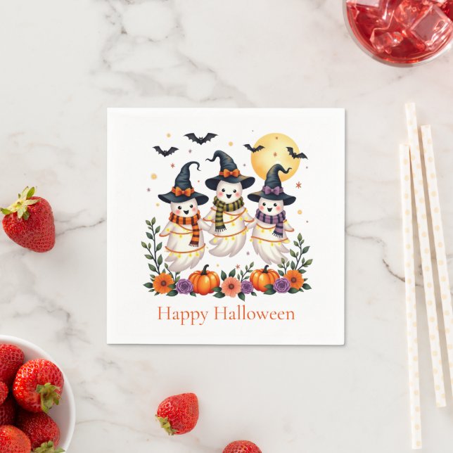 Cute Ghosts Flowers Pumpkins Bats Halloween  Napkin (Insitu)