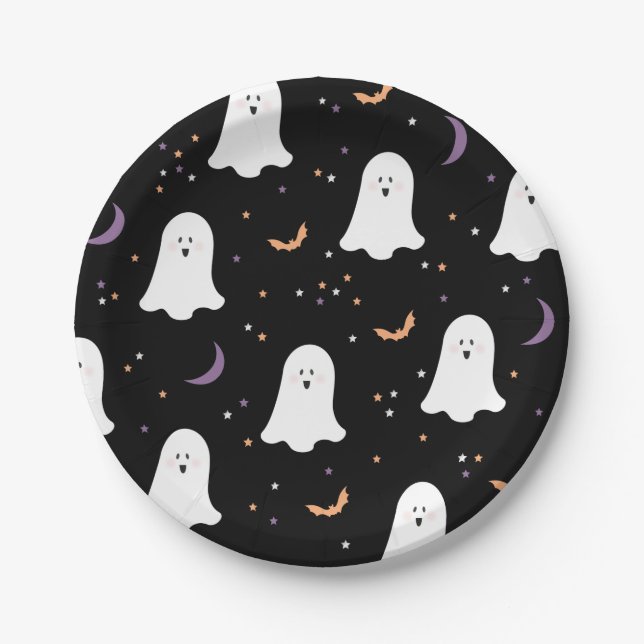 Cute Ghosts Halloween Black Paper Plate (Front)