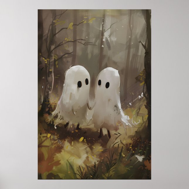 Cute Ghosts in Autumn Forest Colours, Dark Poster (Front)