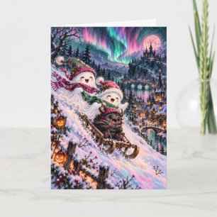 Cute Ghosts & Krampus Sledding Northern Lights Holiday Card