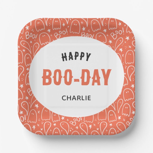 Cute Ghosts Pattern Happy 'Boo-Day' Personalized Paper Plate (Front)