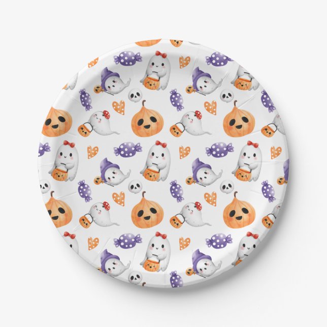 Cute Ghosts Pumpkin Pattern Halloween Baby Shower  Paper Plate (Front)