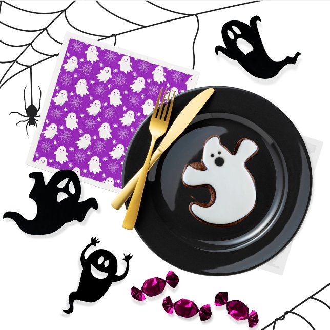 Cute Ghosts | Spiders | Spider Webs Halloween Napkin (Cute Ghosts, Spiders and Spider Webs Halloween Purple and White Patterned Napkins)