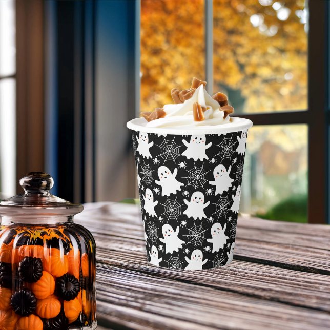 Cute Ghosts | Spiders | Spider Webs Halloween Paper Cups (Cute Ghosts, Spiders and Spider Webs Halloween Black and White Patterned Paper Cups)