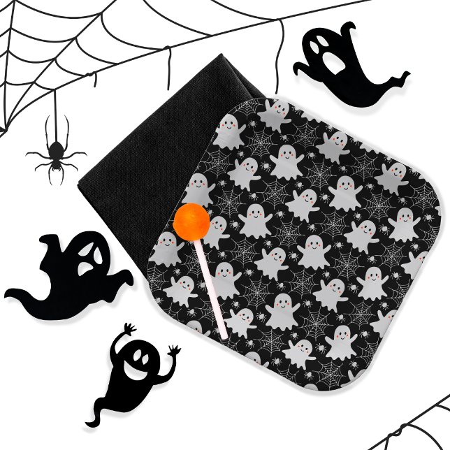 Cute Ghosts | Spiders | Spider Webs Halloween Paper Plate (Cute Ghosts, Spiders and Spider Webs Halloween Black and White Patterned Paper Plates)