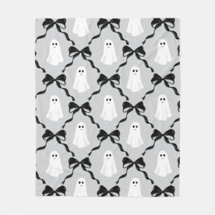 Cute Ghosts with Coquette Black Bows Halloween Fleece Blanket
