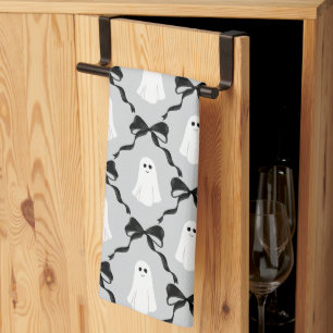 Cute Ghosts with Coquette Black Bows Halloween Kitchen Towel