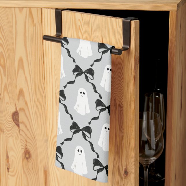 Cute Ghosts with Coquette Black Bows Halloween Kitchen Towel (Thirds Fold)