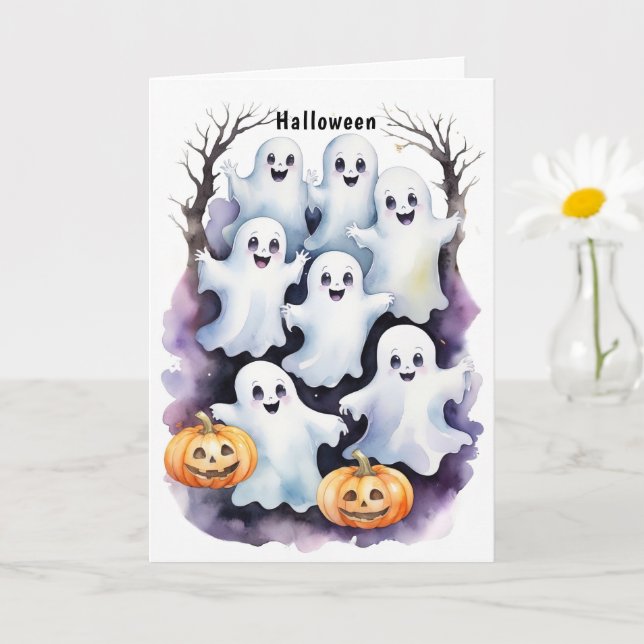 Cute Ghosts with Pumpkins Halloween Illustration Card (Small Plant)