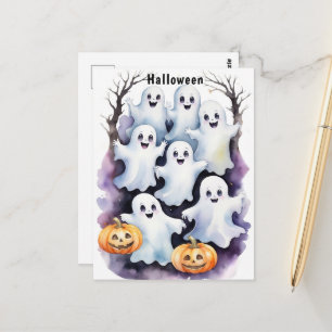 Cute Ghosts with Pumpkins Halloween Illustration Postcard