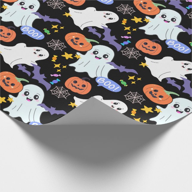 Cute Ghosts with Pumpkins Halloween Wrapping Paper (Corner)