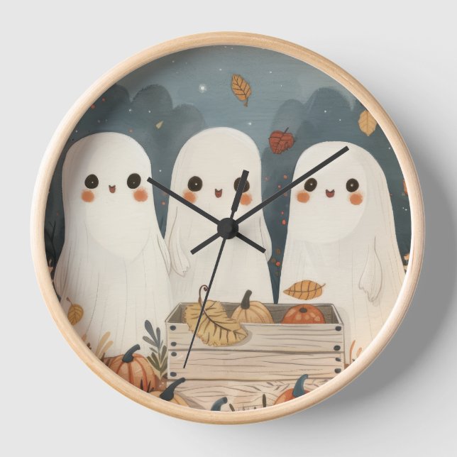 Cute Ghosts with Pumpkins Whimsical Halloween Clock (Front)