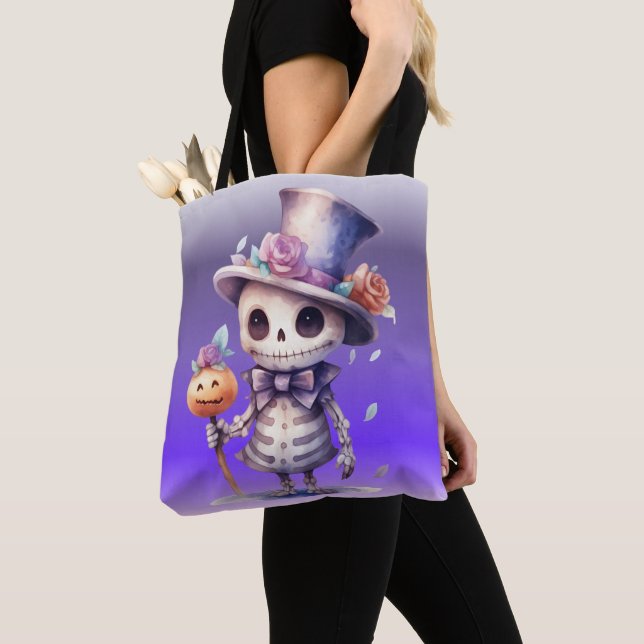 Cute Ghoul in Top Hat and Bow Tie Halloween Tote Bag (Close Up)
