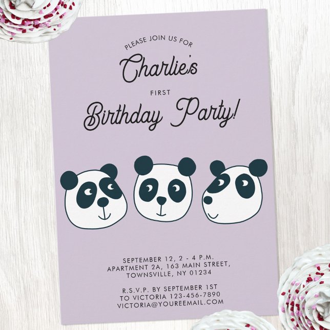 Cute Giant Panda Bear First Birthday Party Invitation (Cute panda bear themed personalized first birthday party invitation)