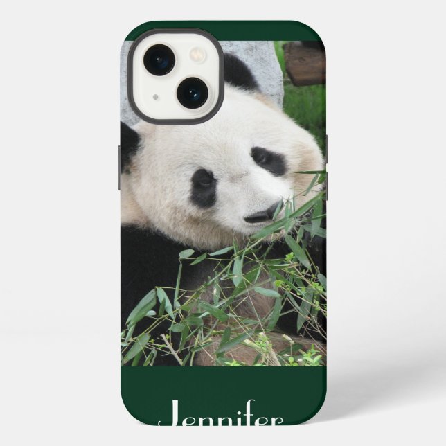 Cute Giant Panda Dark Green Background, Name, iPhone Case (Back)