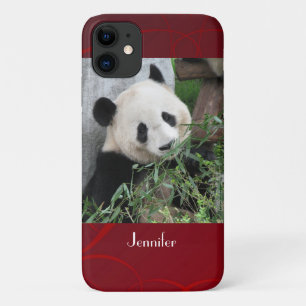 Cute Giant Panda with Name Red Swirly Background iPhone 11 Case
