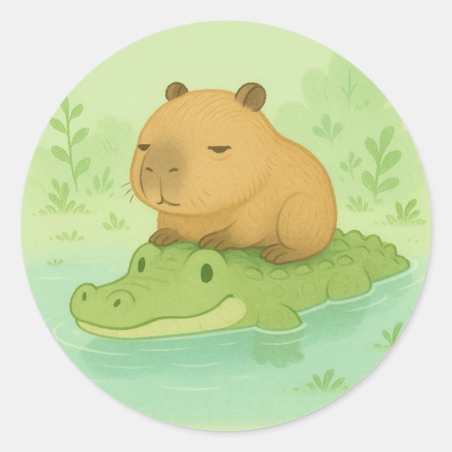 Cute gift cartoon Capybara on Green Crocodile  Classic Round Sticker (Front)