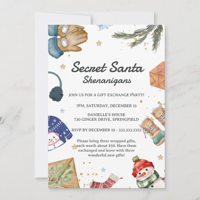 Cute Gift Exchange Fun Christmas Secret Santa Invitation (Front)