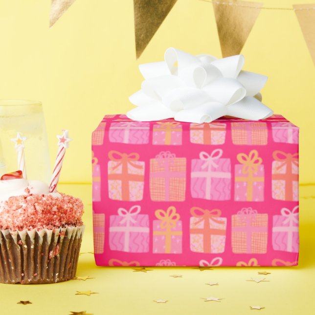 Cute Gifts Hand-Drawn Christmas Holidays Pink Red Wrapping Paper (Birthday Party)