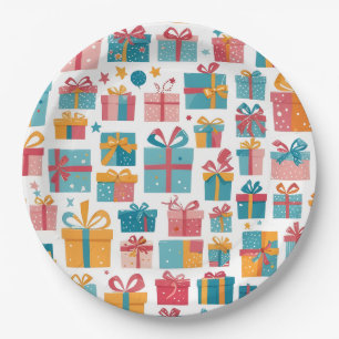 Cute Gifts in Bags and Boxes with Ribbons Pattern Paper Plate