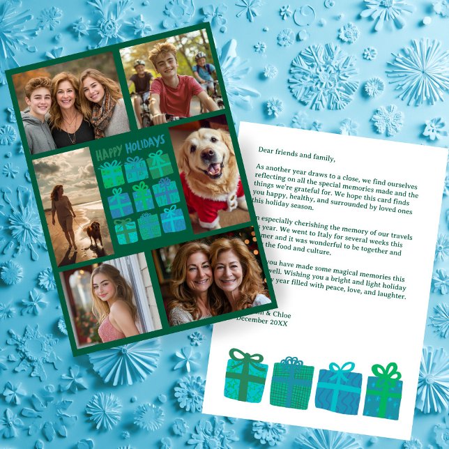 Cute Gifts Presents Hand-Drawn CUSTOM 6 PHOTO  Holiday Card (Cute Gifts Presents Hand-Drawn Green Blue CUSTOM 6 PHOTO Christmas Holiday Card
)