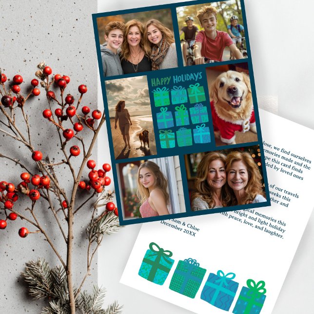 Cute Gifts Presents Hand-Drawn CUSTOM 6 PHOTO  Holiday Card (Cute Gifts Presents Hand-Drawn CUSTOM 6 PHOTO Blue Green Christmas Holiday Card
)