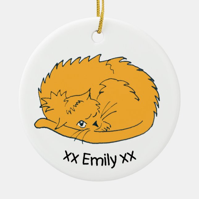 Cute Ginger Cartoon Cat with name Ceramic Ornament (Front)