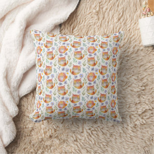 Cute Ginger Cat and Flowers Motif Throw Pillow