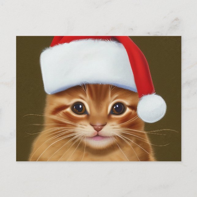 Cute Ginger Cat Face with Santa Hat on  Holiday Postcard (Front)