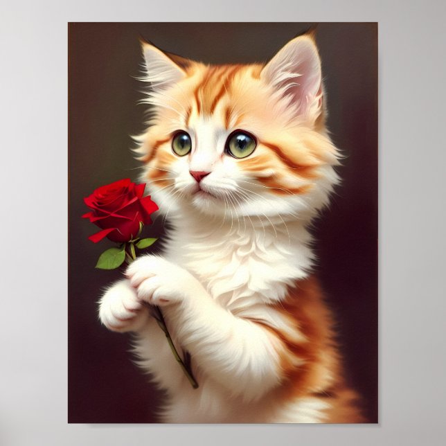 Cute Ginger Cat Holding a Red Rose. Oil Painting. Poster (Front)