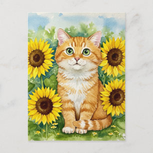 Cute Ginger Cat in Sunflowers Postcard