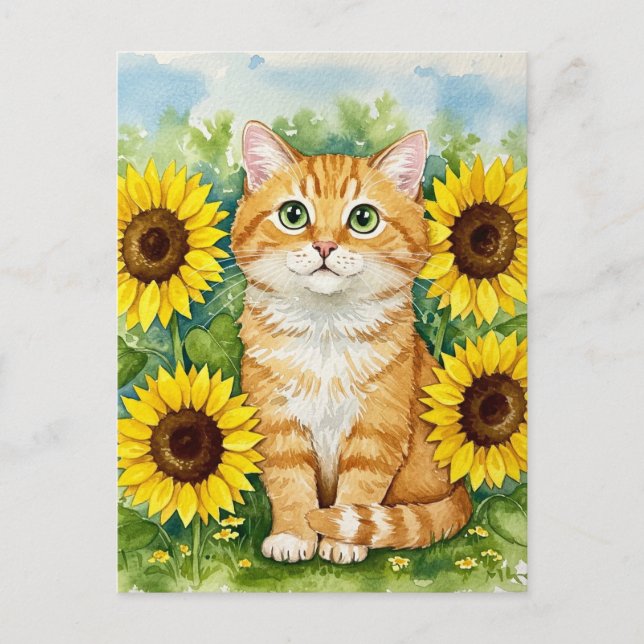 Cute Ginger Cat in Sunflowers Postcard (Front)
