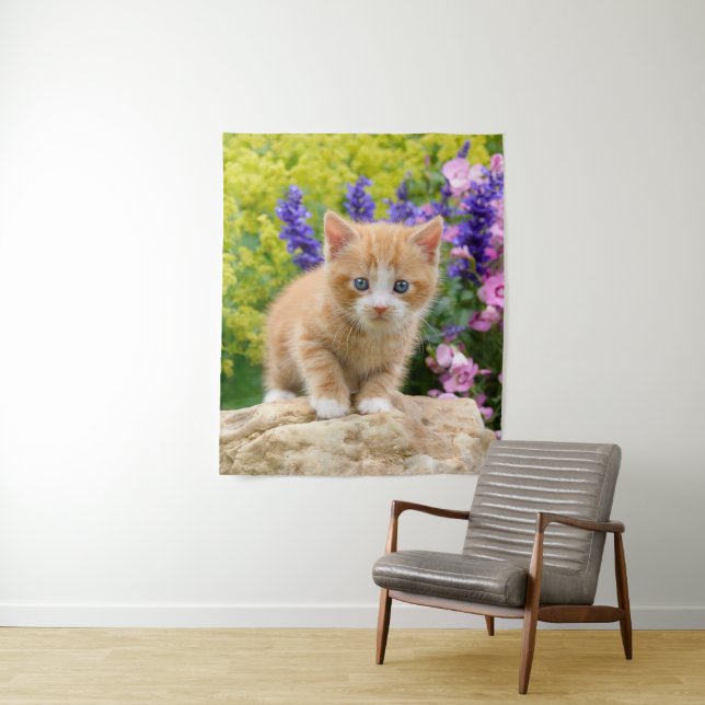 Cute Ginger Cat Kitten in a Flowery Garden Photo - Tapestry (In Situ)