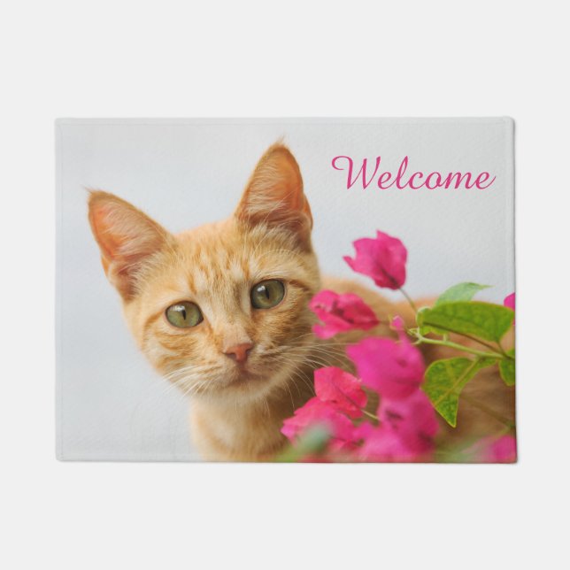 Cute Ginger Cat Kitten Photo  Personalized Welcome Doormat (Front)