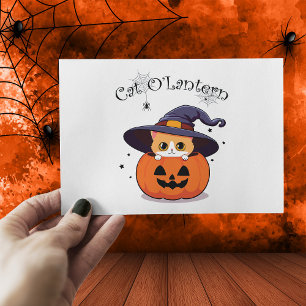Cute Ginger Cat Witch in Halloween Jack-O-Lantern Postcard