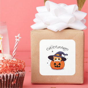 Cute Ginger Cat Witch in Halloween Jack-O-Lantern Square Sticker