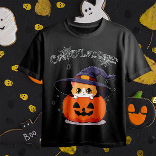 Cute Ginger Cat Witch in Halloween Jack-O-Lantern T-Shirt