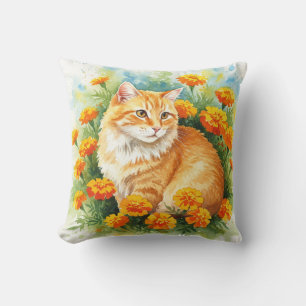 Cute Ginger Cat with Marigold Flowers Pillow