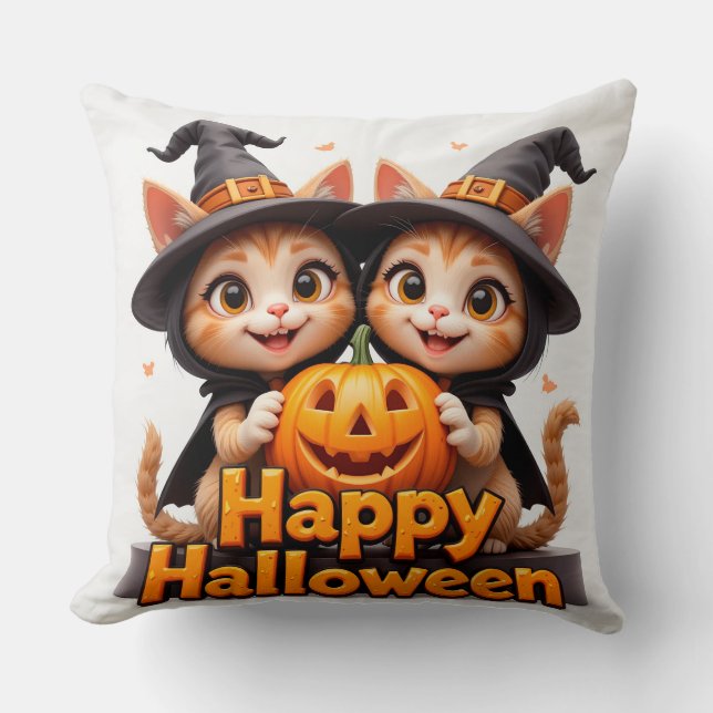 Cute Ginger Cats in Witch Hats Halloween Pumpkins Throw Pillow (Front)