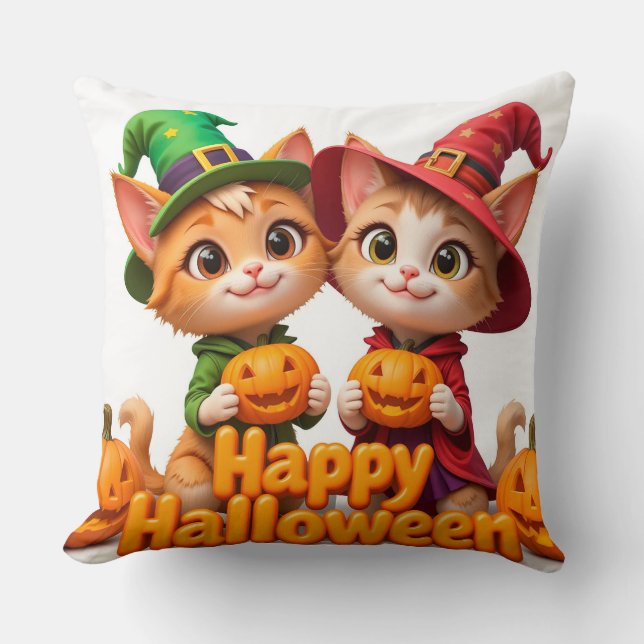 Cute Ginger Cats in Witch Hats Halloween Pumpkins Throw Pillow (Front)