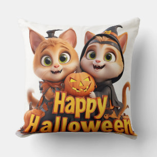 Cute Ginger Cats in Witch Hats Halloween Pumpkins Throw Pillow