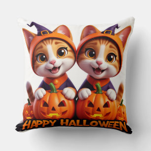 Cute Ginger Cats in Witch Hats Halloween Pumpkins Throw Pillow