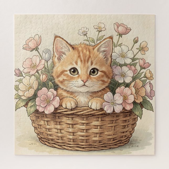 Cute Ginger Kitten Flower Basket Jigsaw Puzzle (Vertical)