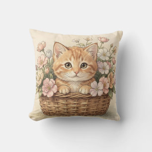 Cute Ginger Kitten Flower Basket Throw Pillow