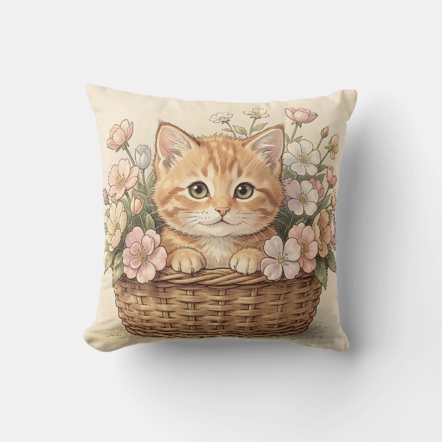 Cute Ginger Kitten Flower Basket Throw Pillow (Front)