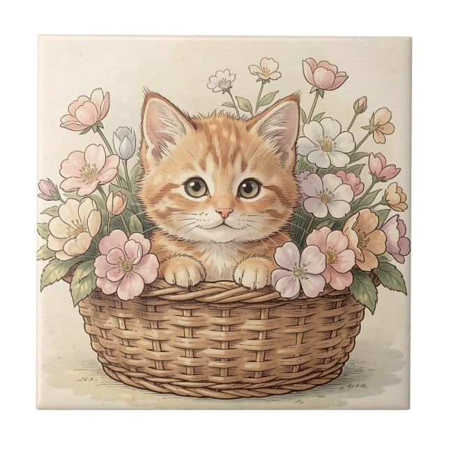 Cute Ginger Kitten Flower Basket Tile (Front)